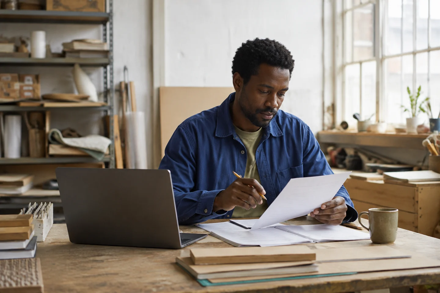 Illustrative scene of a fictional business owner reviewing information