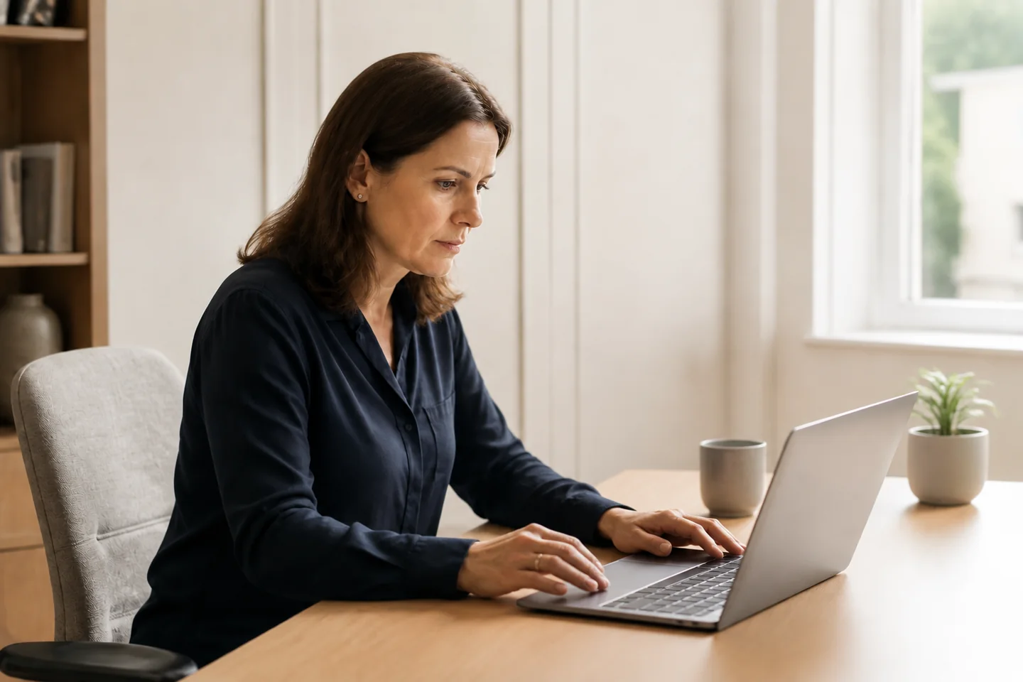 Illustrative scene of a professional reviewing information on a laptop