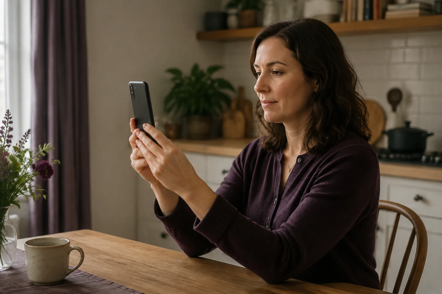 Illustrative scene of a client using a phone to take an identity photograph at home