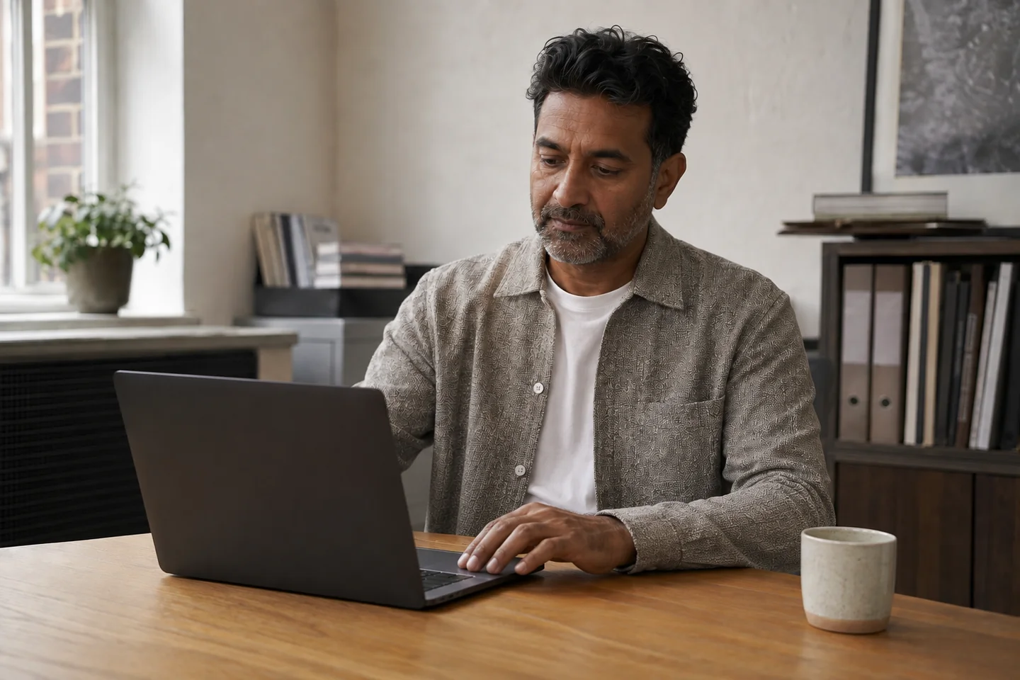 Illustrative scene of a coordinator preparing onboarding requests on a laptop