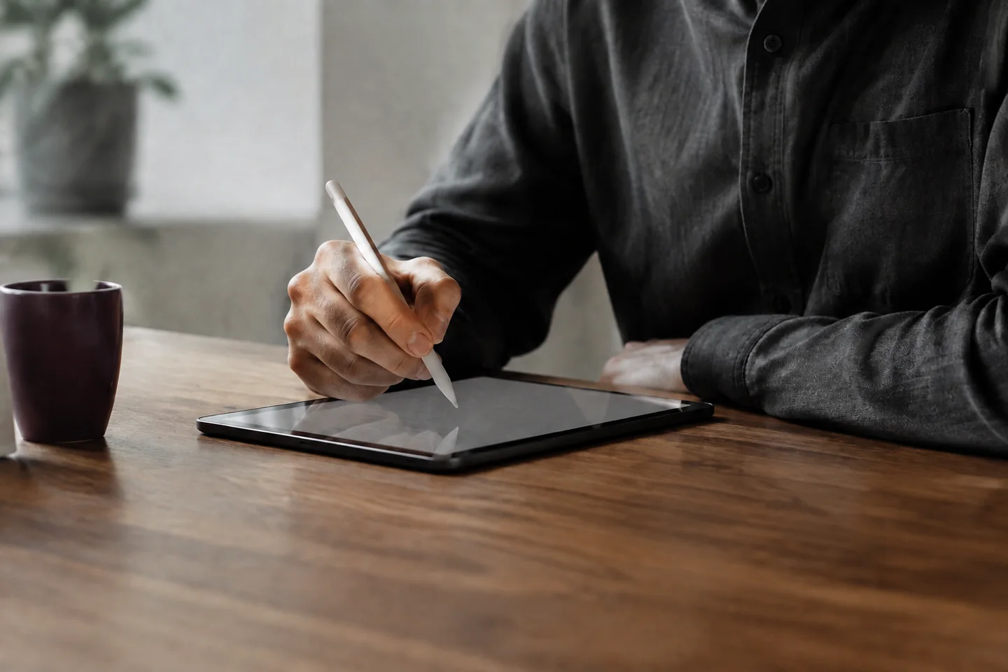 Illustrative scene of a person using a stylus to sign on a tablet