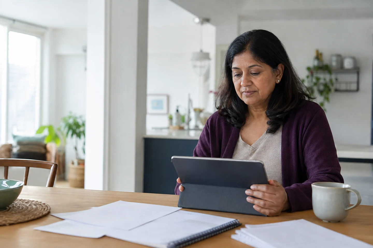 Illustrative scene of a client reviewing information on a tablet at home