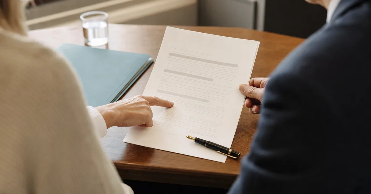 A solicitor and client reviewing a Client Care Letter together at a meeting table