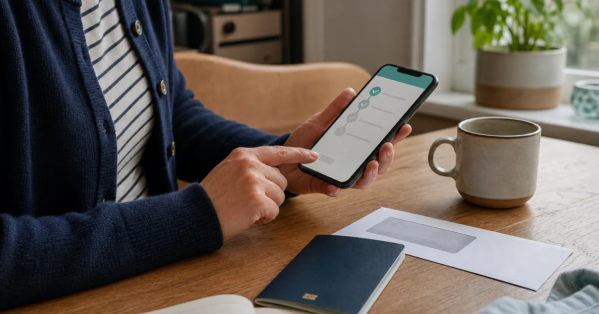 A client completing a secure digital checklist at home with identity documents nearby