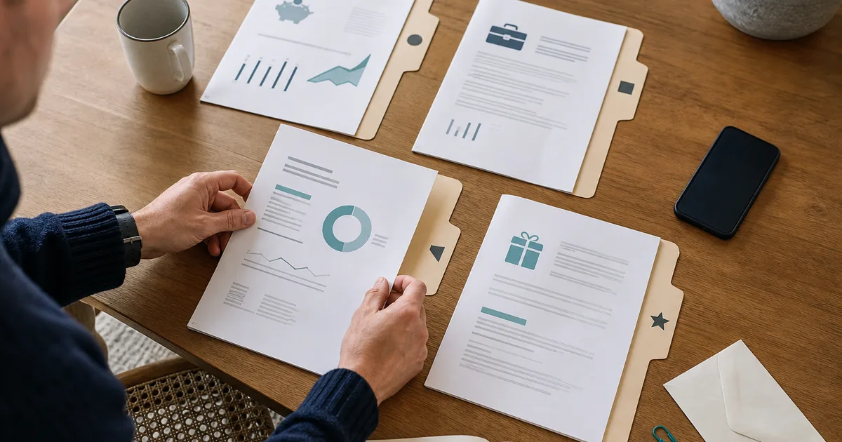 A client organising financial evidence into separate document groups at home