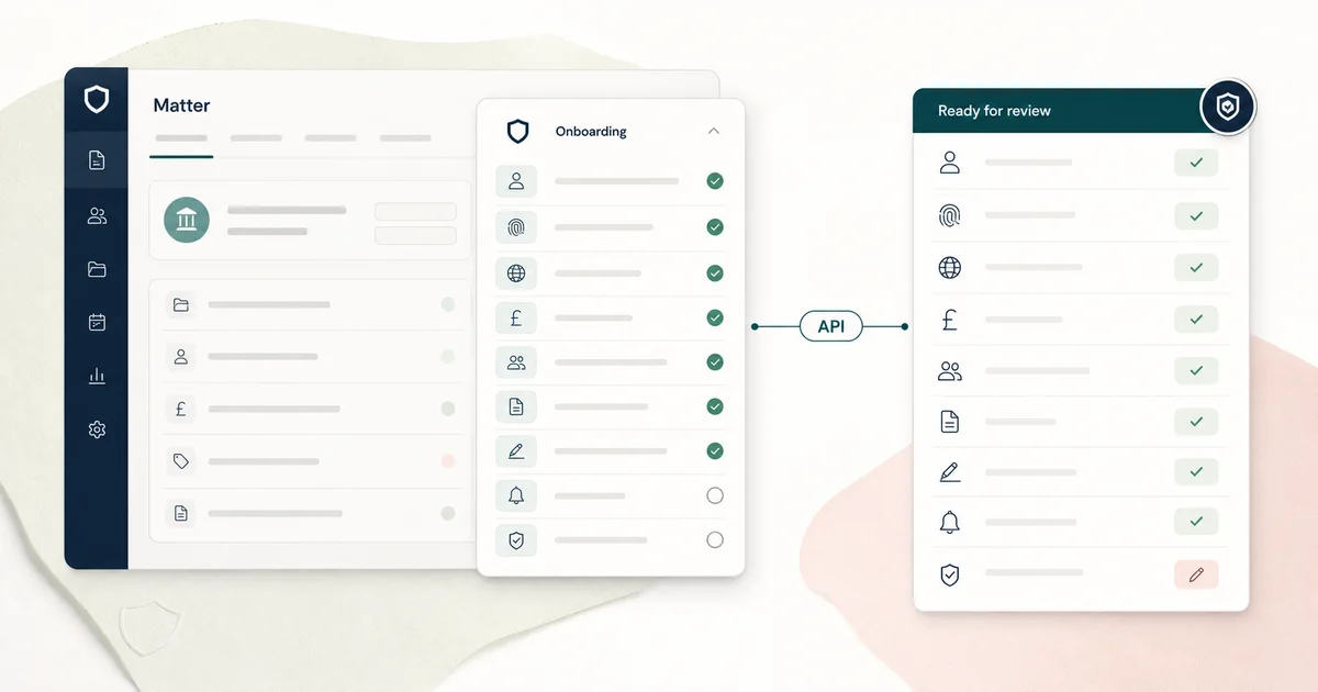 A case management matter connected to an embedded Verify Client onboarding microapp and a review-ready record through a secure API