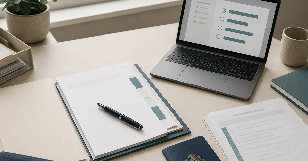 A solicitor's desk with a matter file, passport, paper checklist and digital checklist