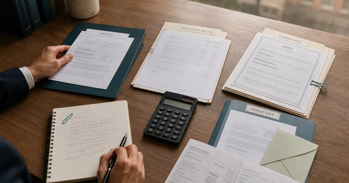 A solicitor reviewing organised evidence for savings, employment income, inheritance and a family gift