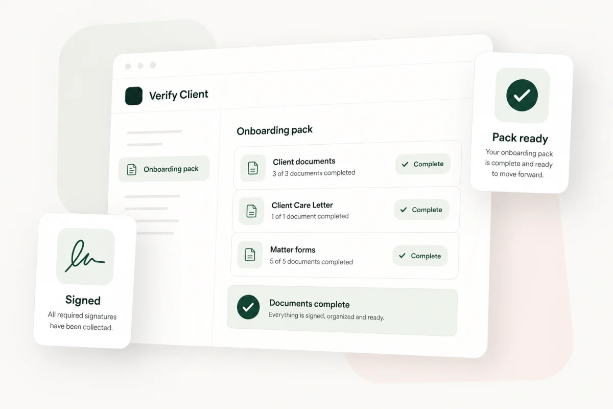 Verify Client onboarding pack showing completed client documents, a Client Care Letter and signatures