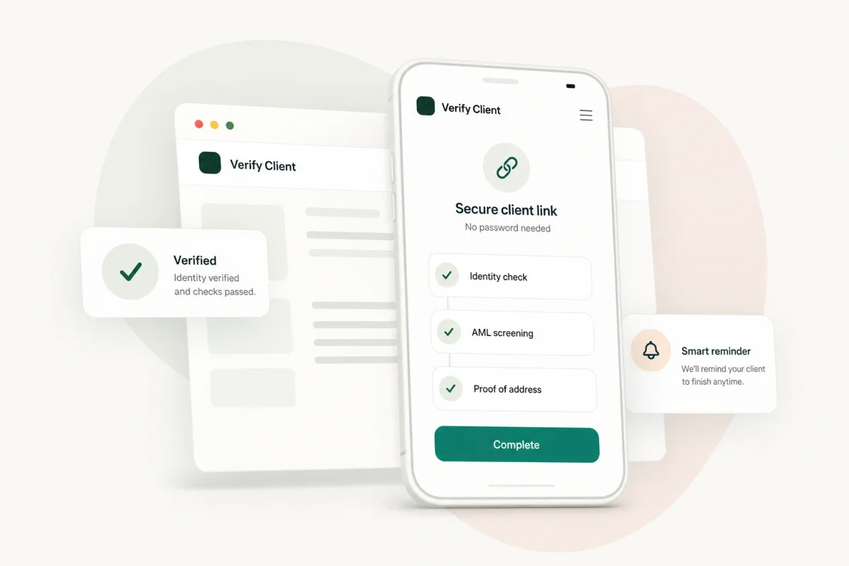 Verify Client passwordless client screen showing identity, AML and proof of address tasks