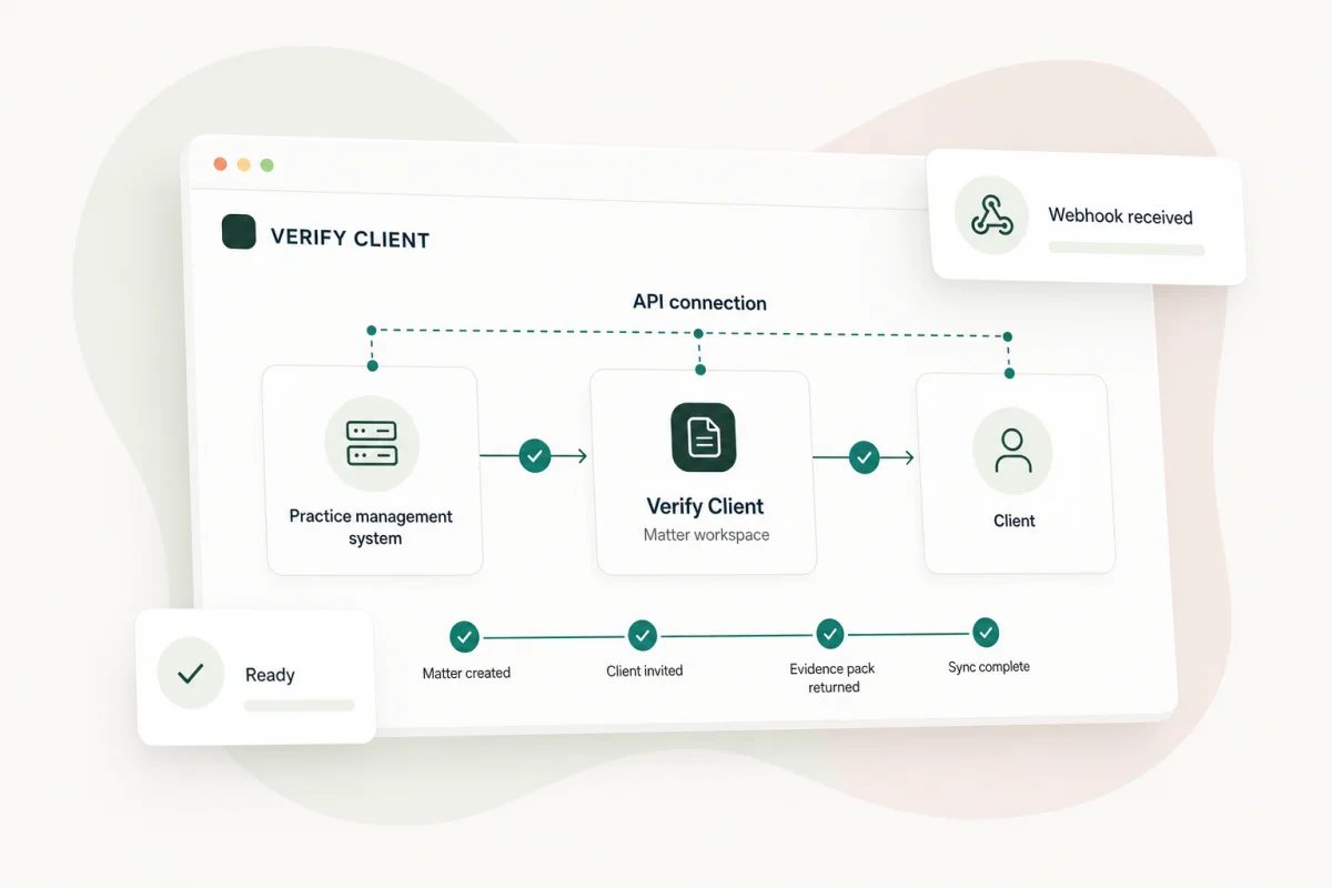 Verify Client API workflow connecting a practice management system, matter workspace and client