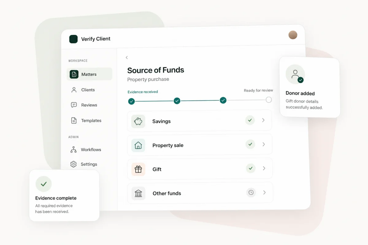 Verify Client Source of Funds workspace showing savings, property sale and gift evidence